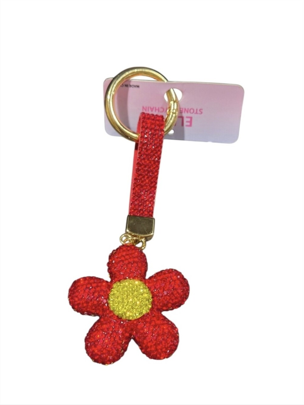 ELLAS Red Flower Crystal Keychain with Gold Ring -